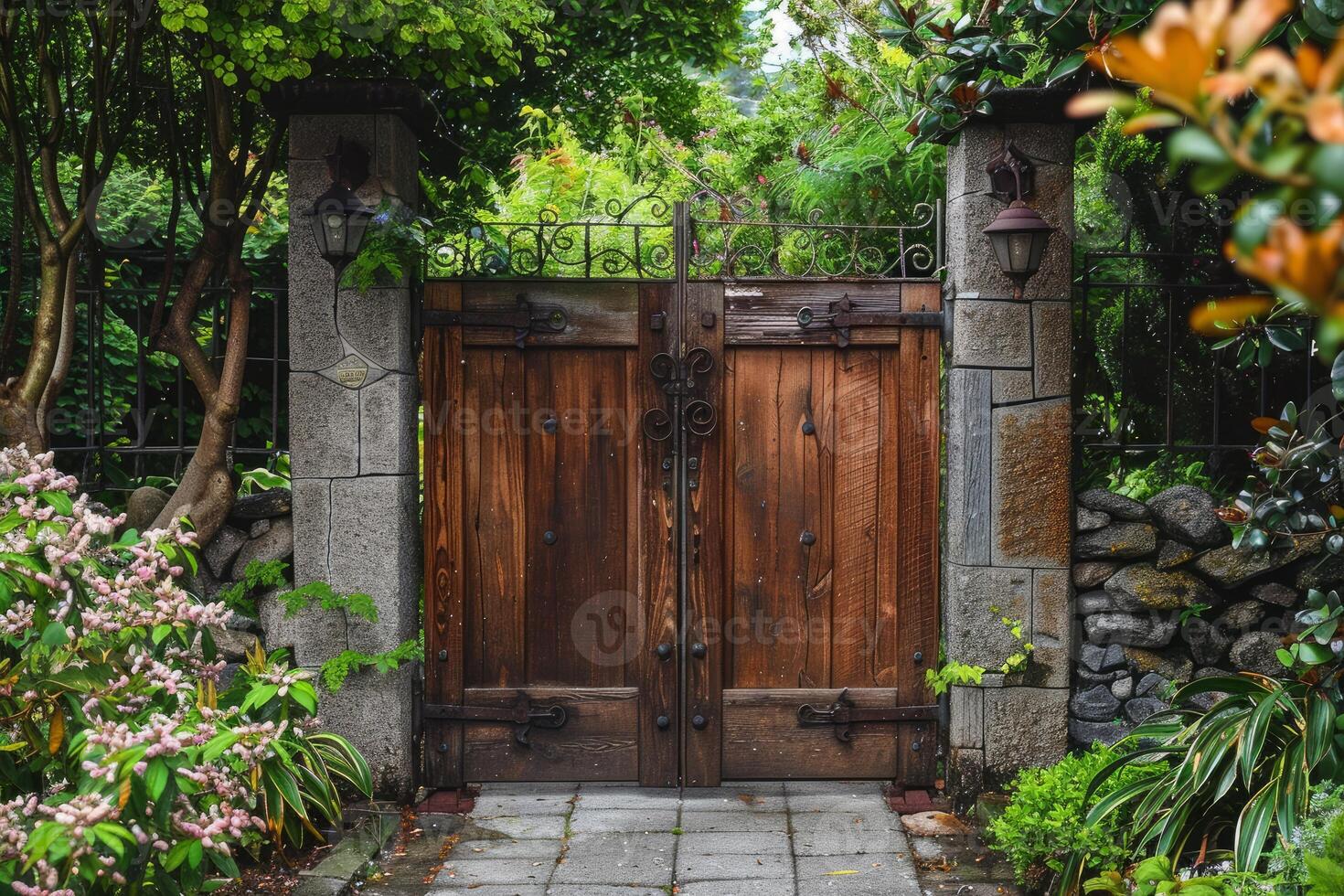 Old wooden gate leading to secret garden with stone pillars and lanterns photo