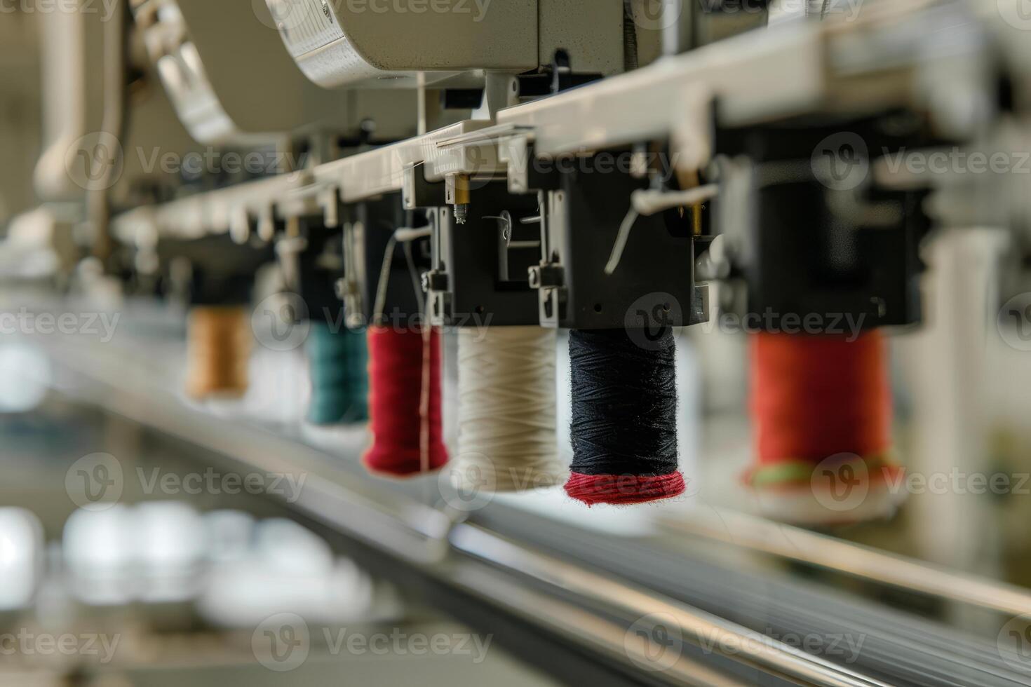 Industrial sewing machine holding spools of thread ready to be used photo