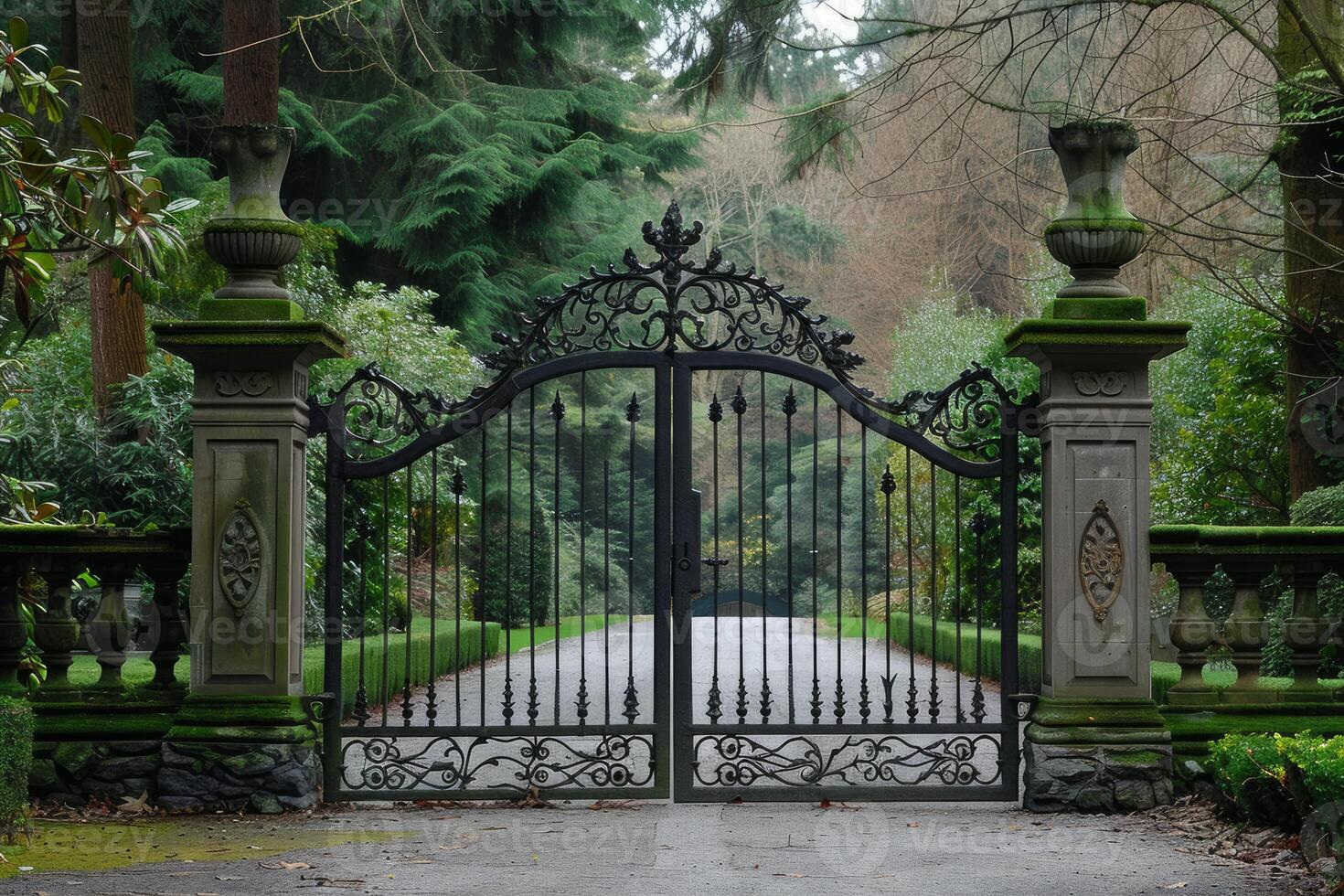 Ornate black wrought iron gate opening to country estate photo