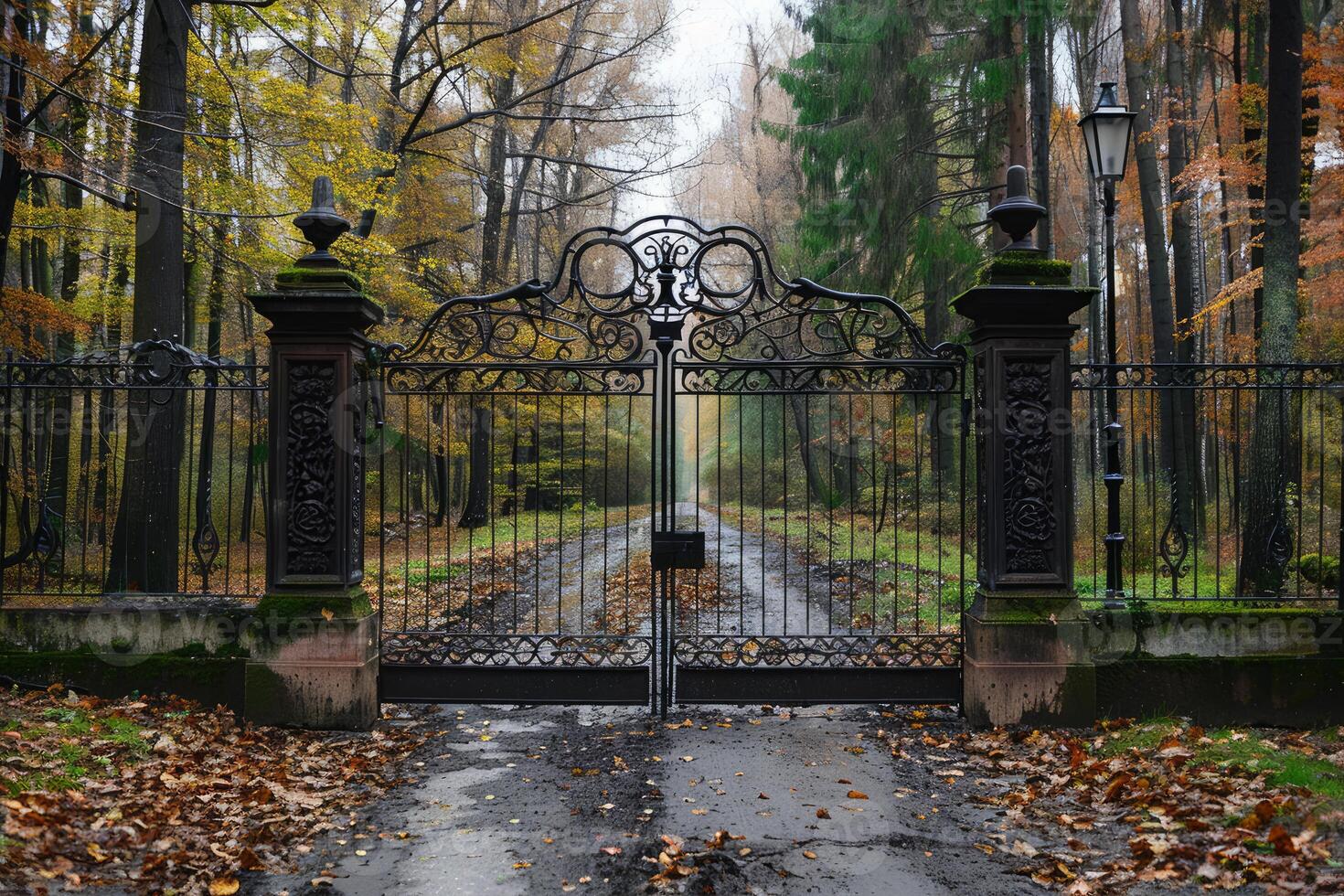 Old wrought iron gate opening onto a path leading to a mysterious forest photo