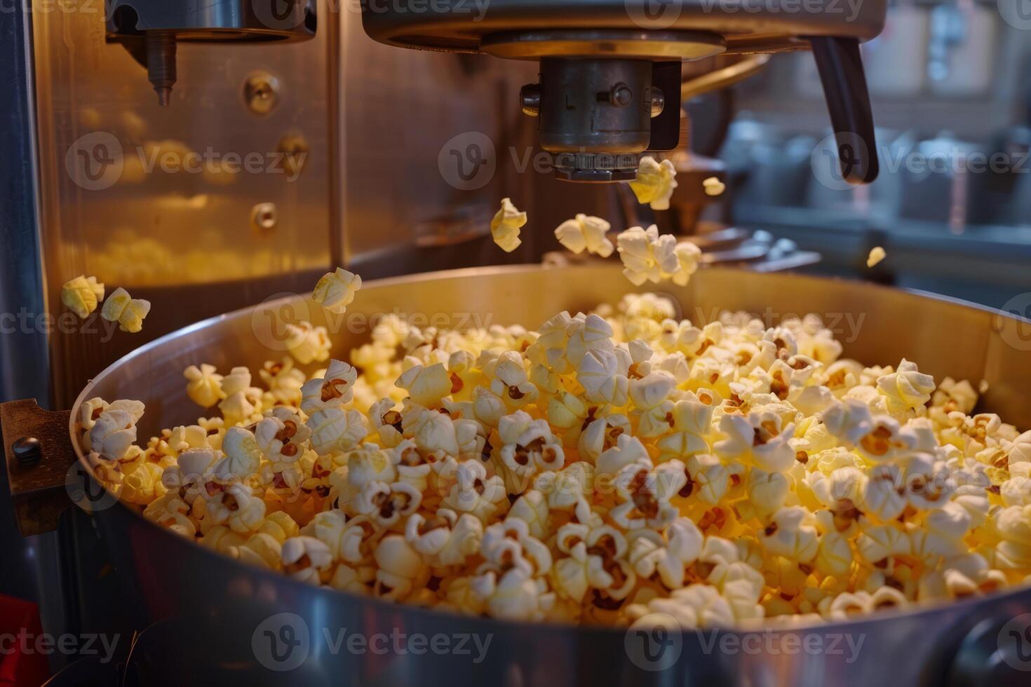 Popcorn machine pouring freshly made popcorn into a container photo