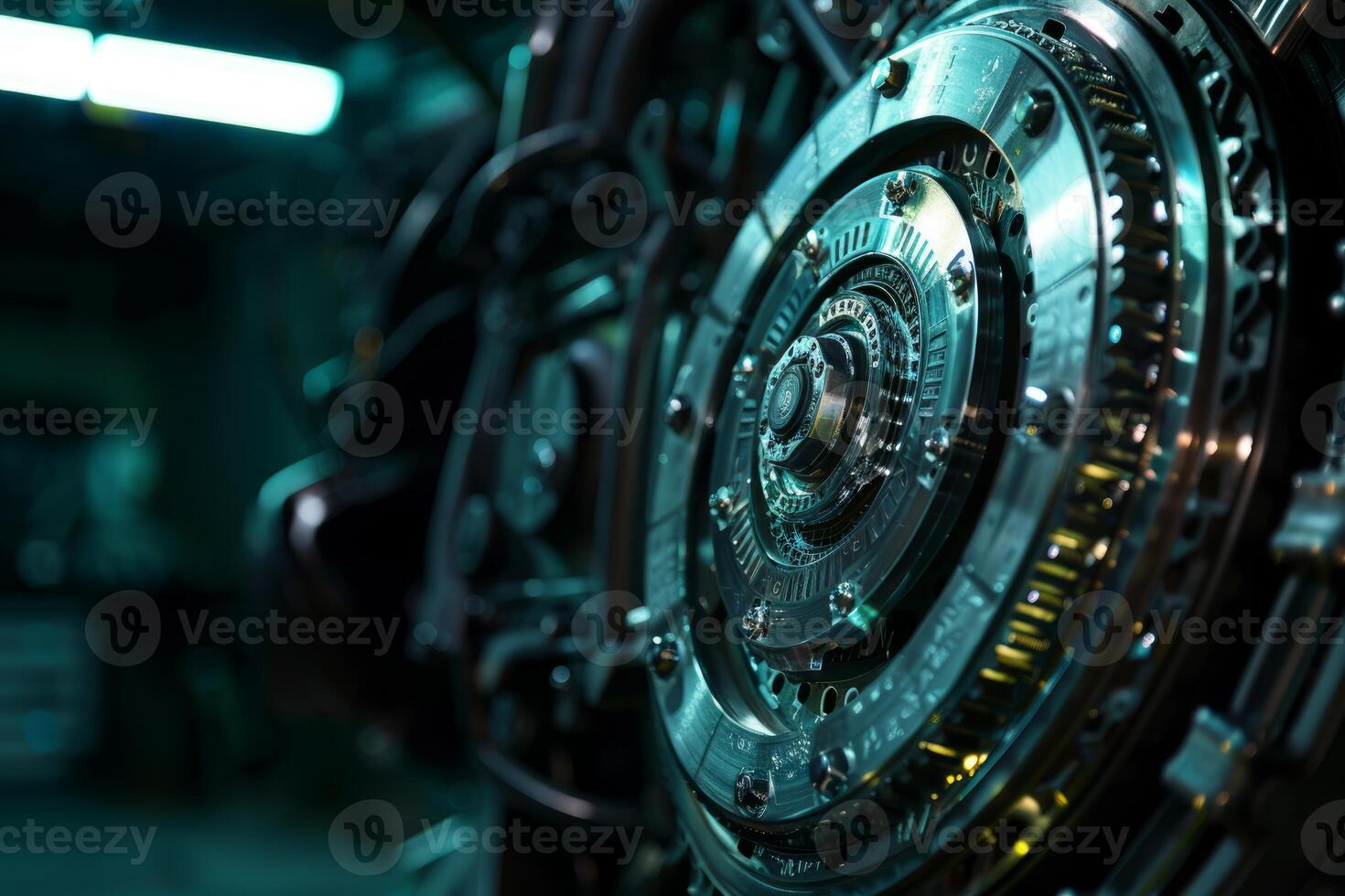 Complex gear mechanism assemblage shining under workshop light photo
