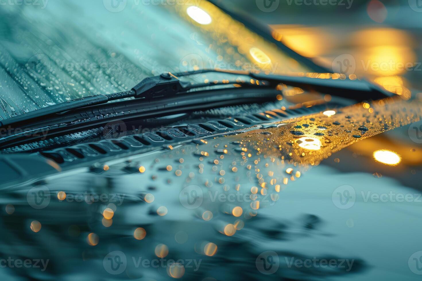 Windshield wipers working on car covered with rain drops at night photo