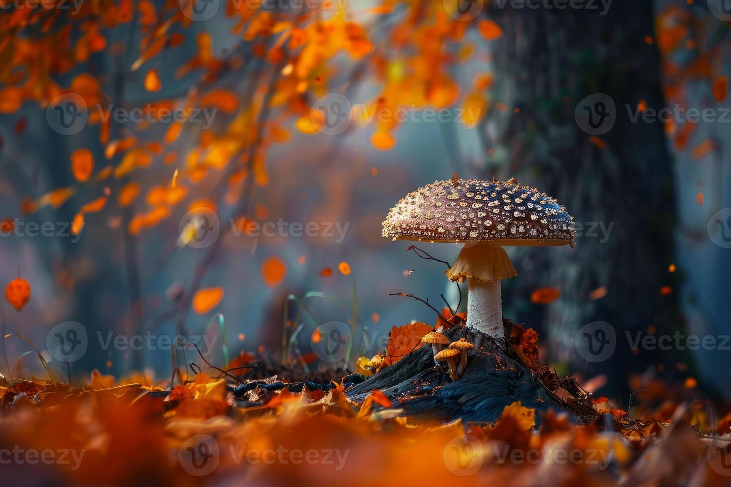 Fly agaric mushroom growing in autumn forest with falling leaves photo