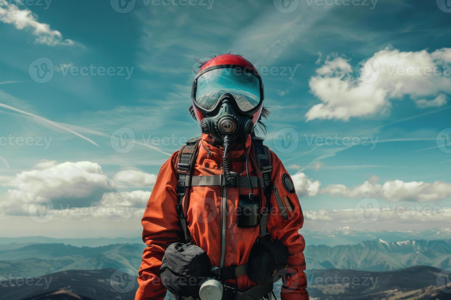 Hiker wearing gas mask standing on mountain peak photo