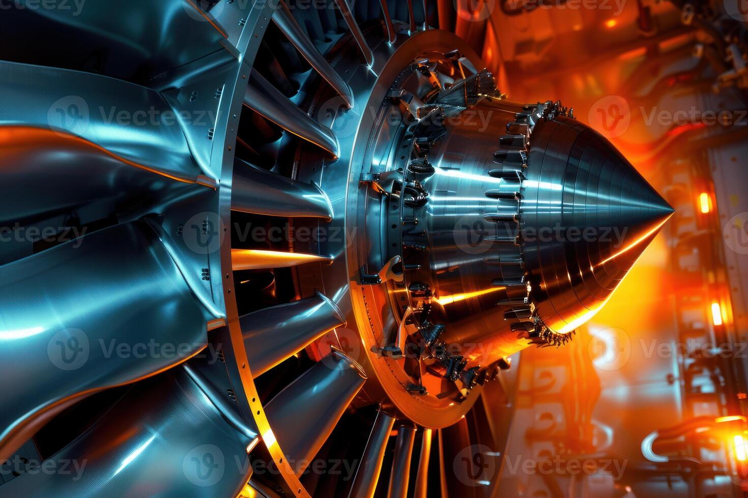 Powerful industrial turbine engine of aircraft or rocket with shiny blades is being tested photo
