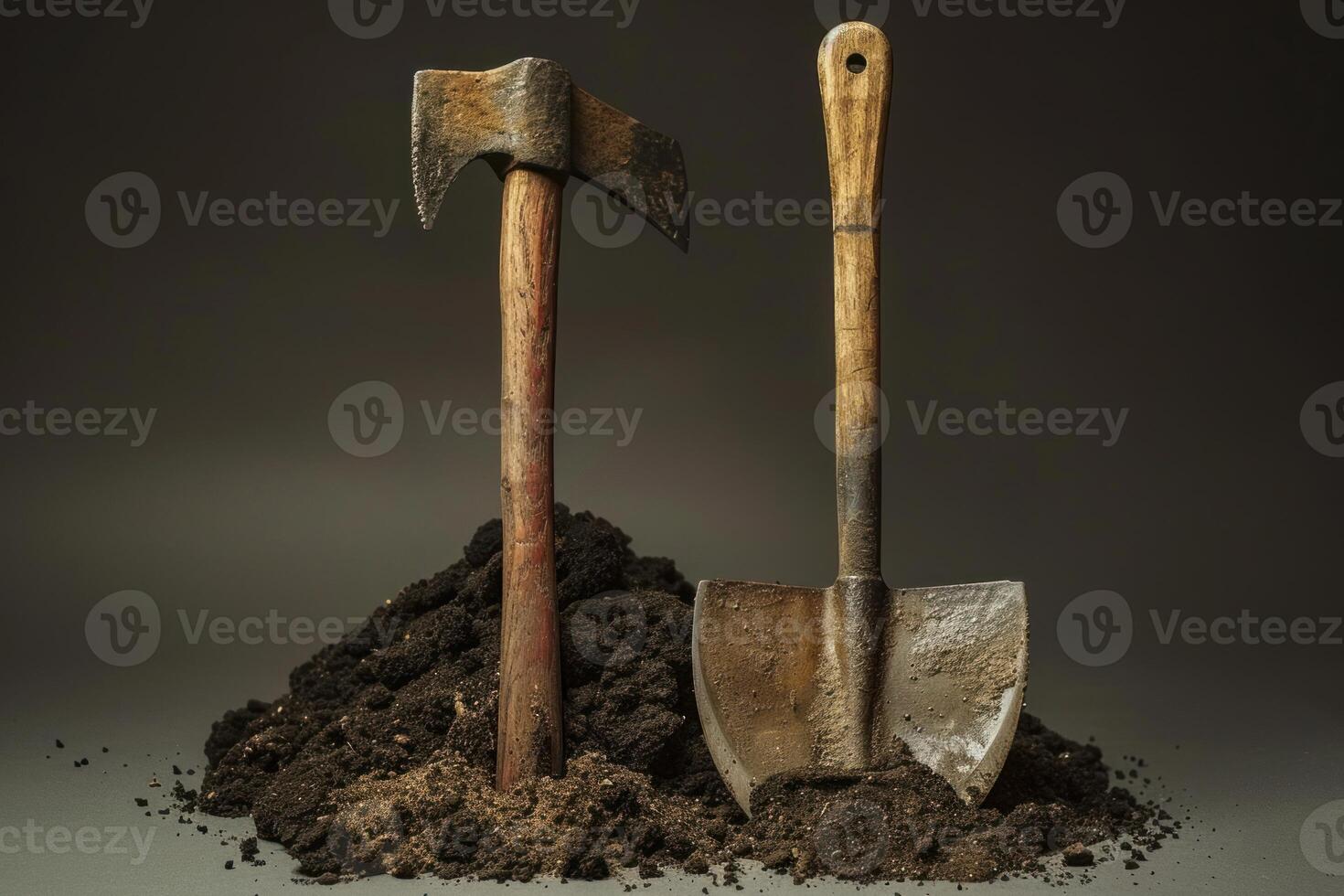 Axe and shovel standing in pile of dirt for construction photo