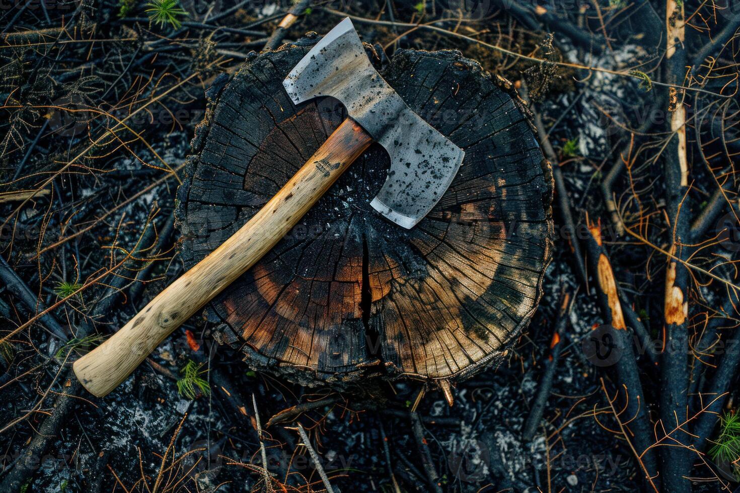 Axe resting on tree stump surrounded by burnt branches photo
