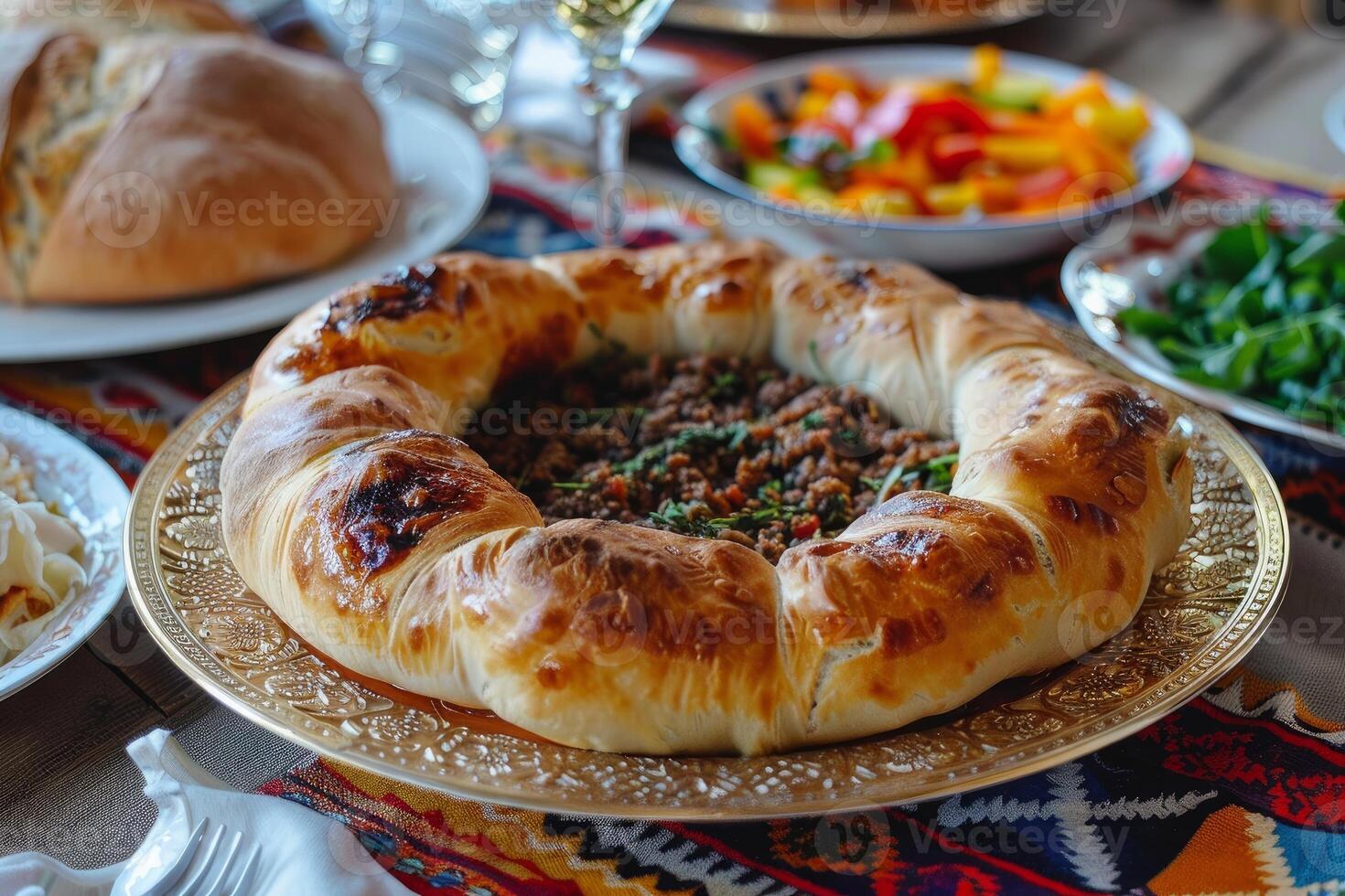 Traditional georgian bread khachapuri with cheese and meat filling on festive table photo