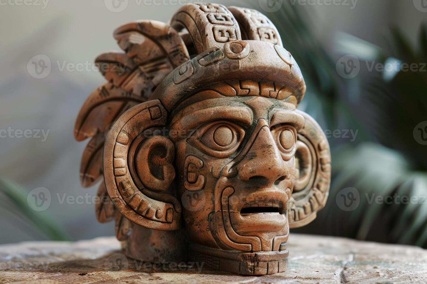 Mayan head sculpture depicting god with headdress photo