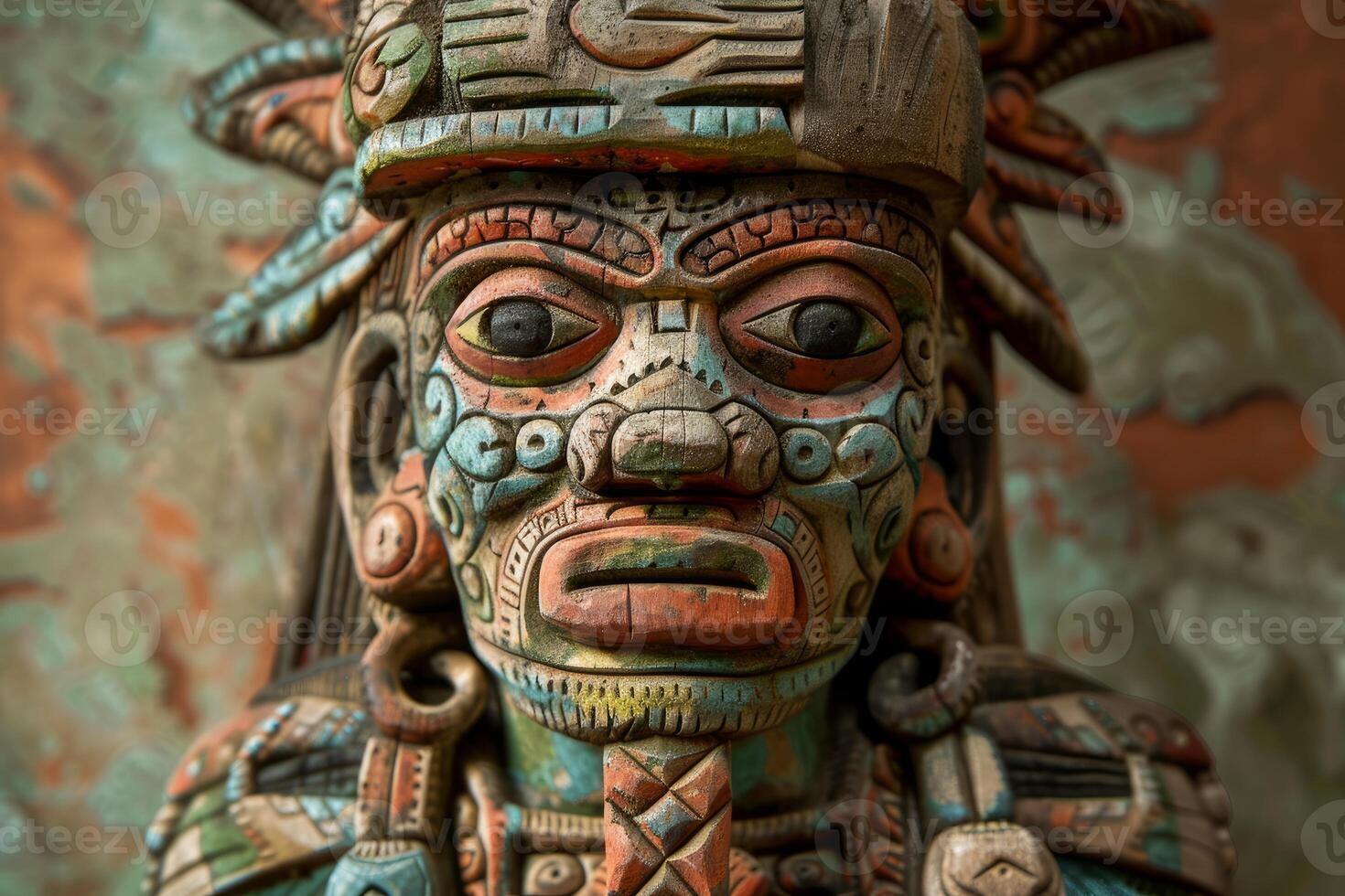 Colorful mayan statue depicting god posing in museum photo
