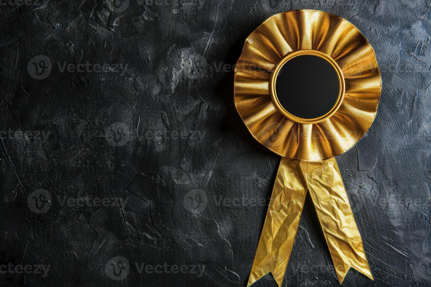 Golden award ribbon on a black textured background with copy space photo