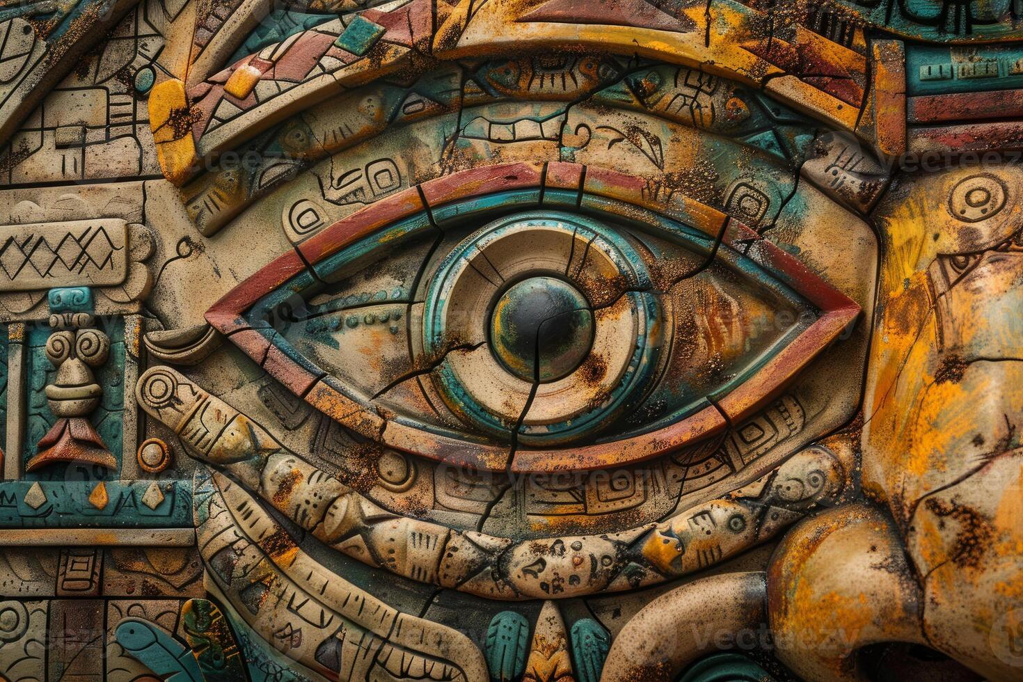 Ancient mayan eye carving looking out from stone wall photo