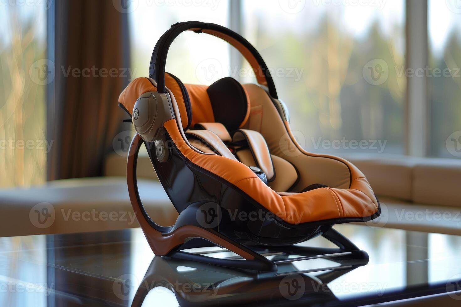 Empty baby car seat sitting on a table inside a house photo