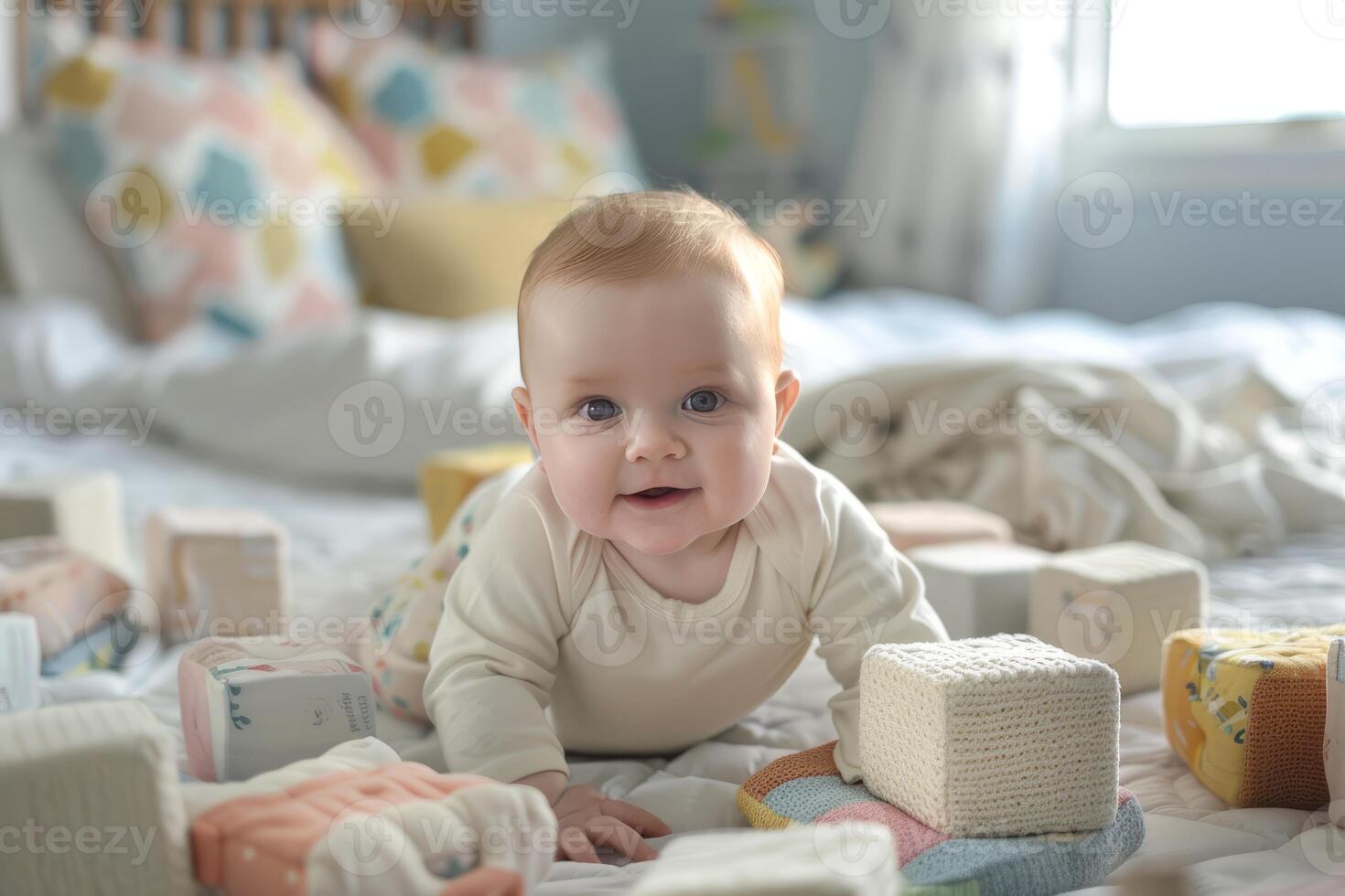 Baby playing with knitted cubes on bed having fun at home photo