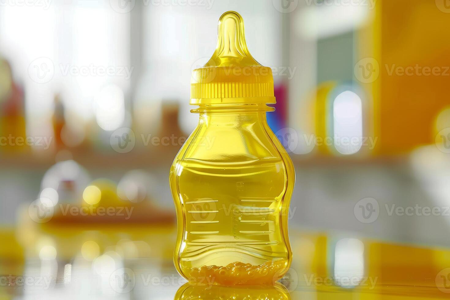 Yellow baby bottle filled with medicine sitting on table photo