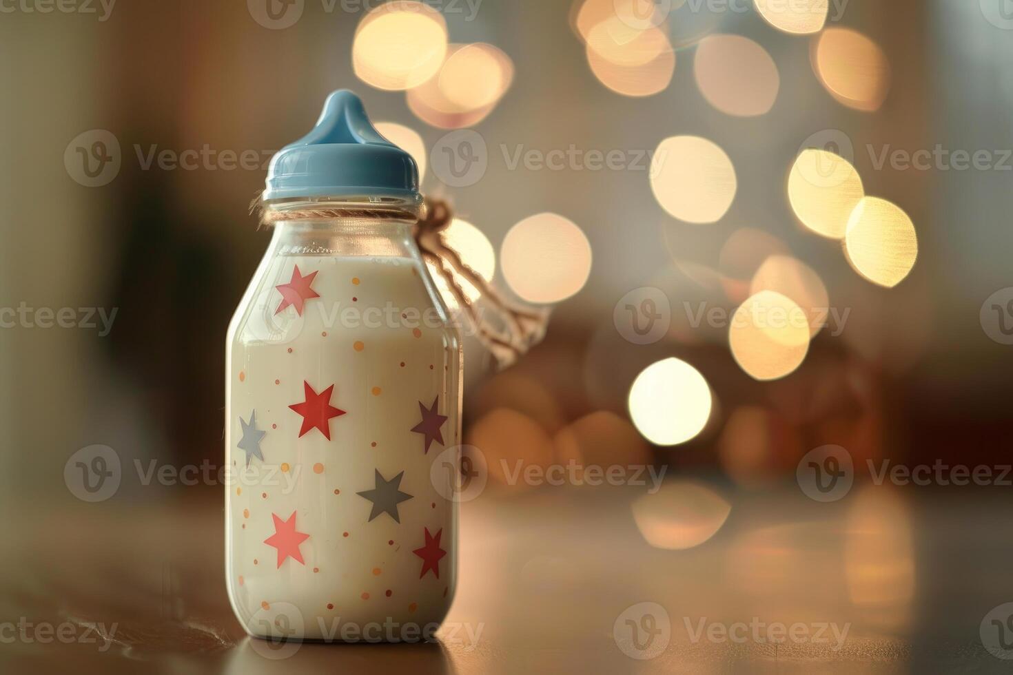 Glass baby bottle full of milk with star decoration standing on table photo