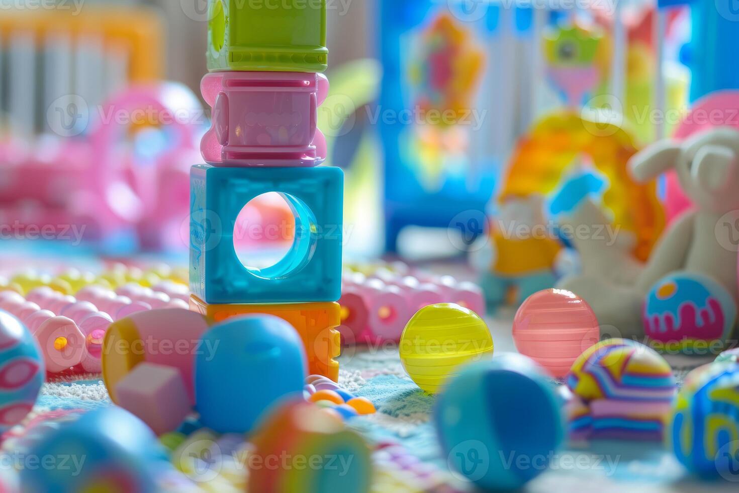 Colorful plastic building blocks and toys on floor photo