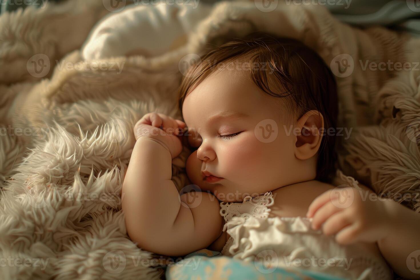 Adorable baby girl sleeping peacefully on a soft blanket photo