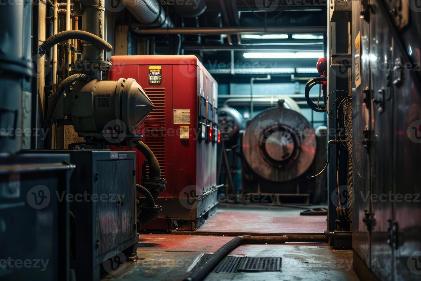 Large industrial generator supplying electricity in a building basement photo