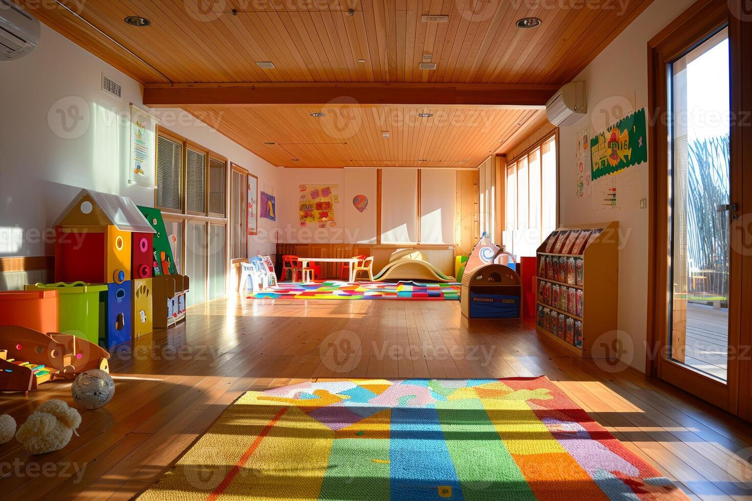 Empty kindergarten playroom with sunlight shining through windows photo