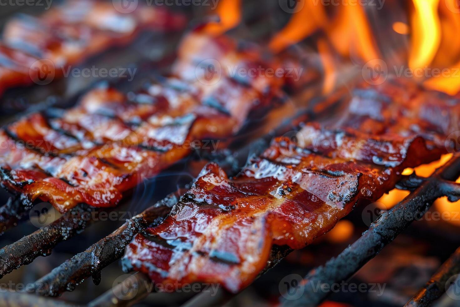 Delicious bacon strips sizzling on grill with flames photo