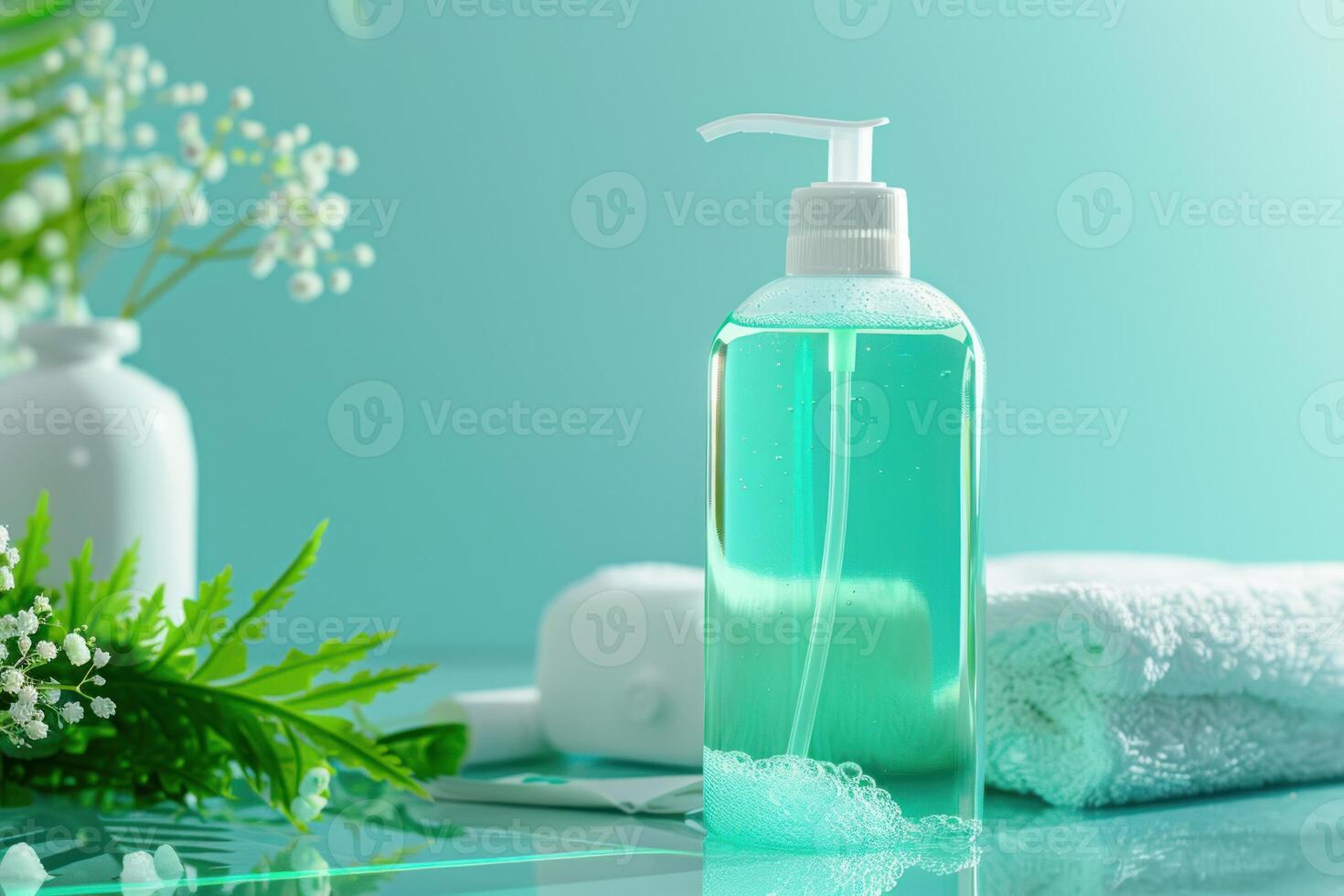 Dispenser bottle with foaming shower gel or liquid soap surrounded by spa elements photo