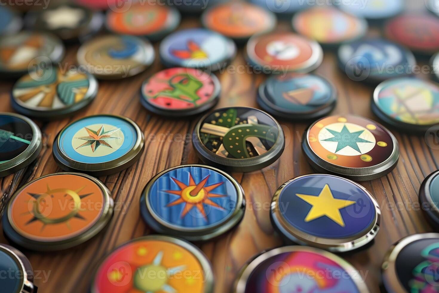 Colorful enamel pins with unique designs resting on a wooden surface photo