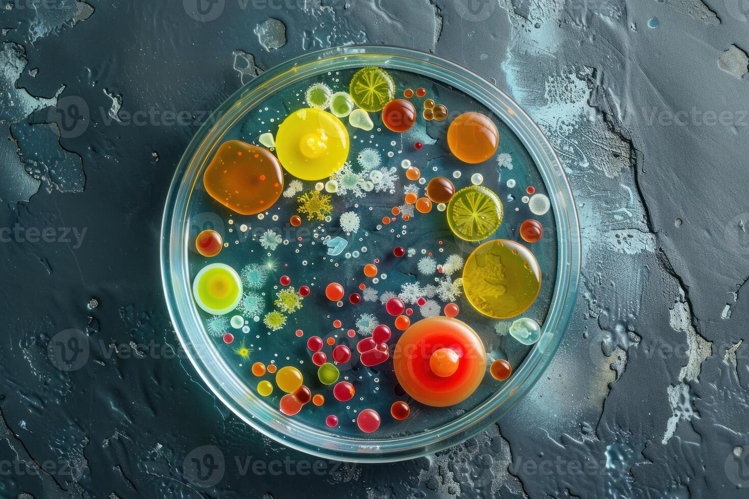 Petri dish with colorful substances for scientific experiment is lying on blue table photo