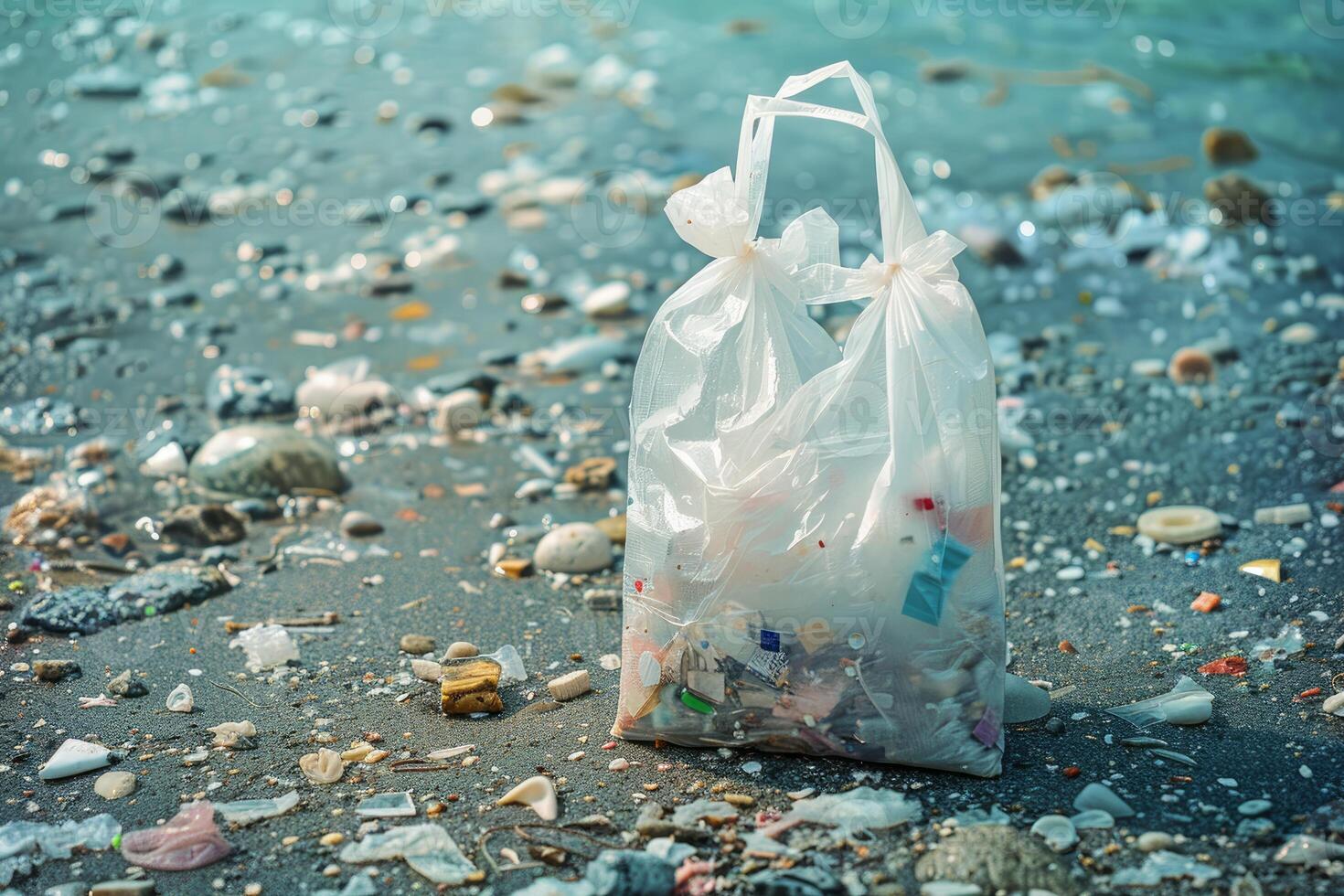 Plastic bag full of garbage polluting sandy beach photo