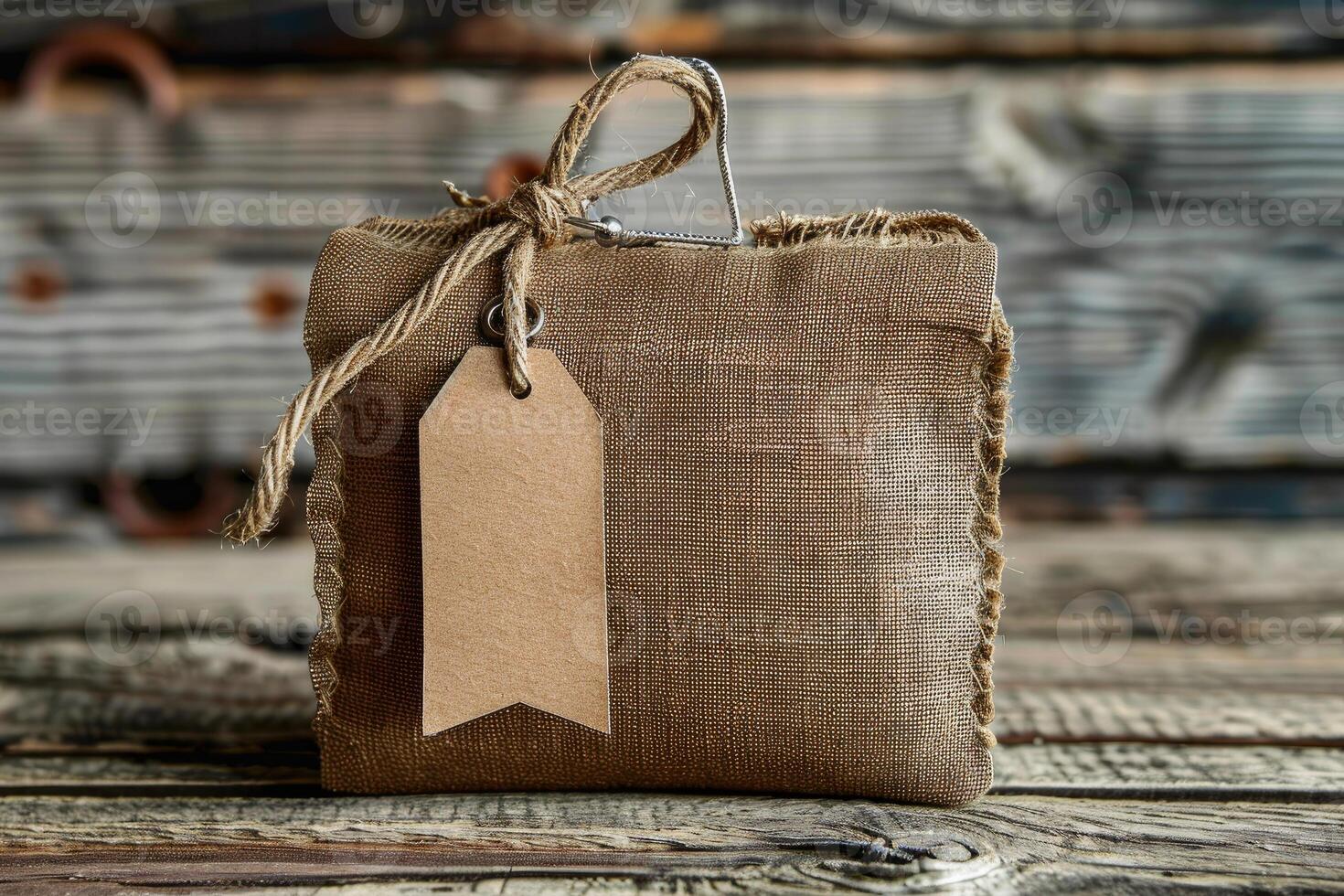 Small hessian sack with blank gift tag sitting on wood photo
