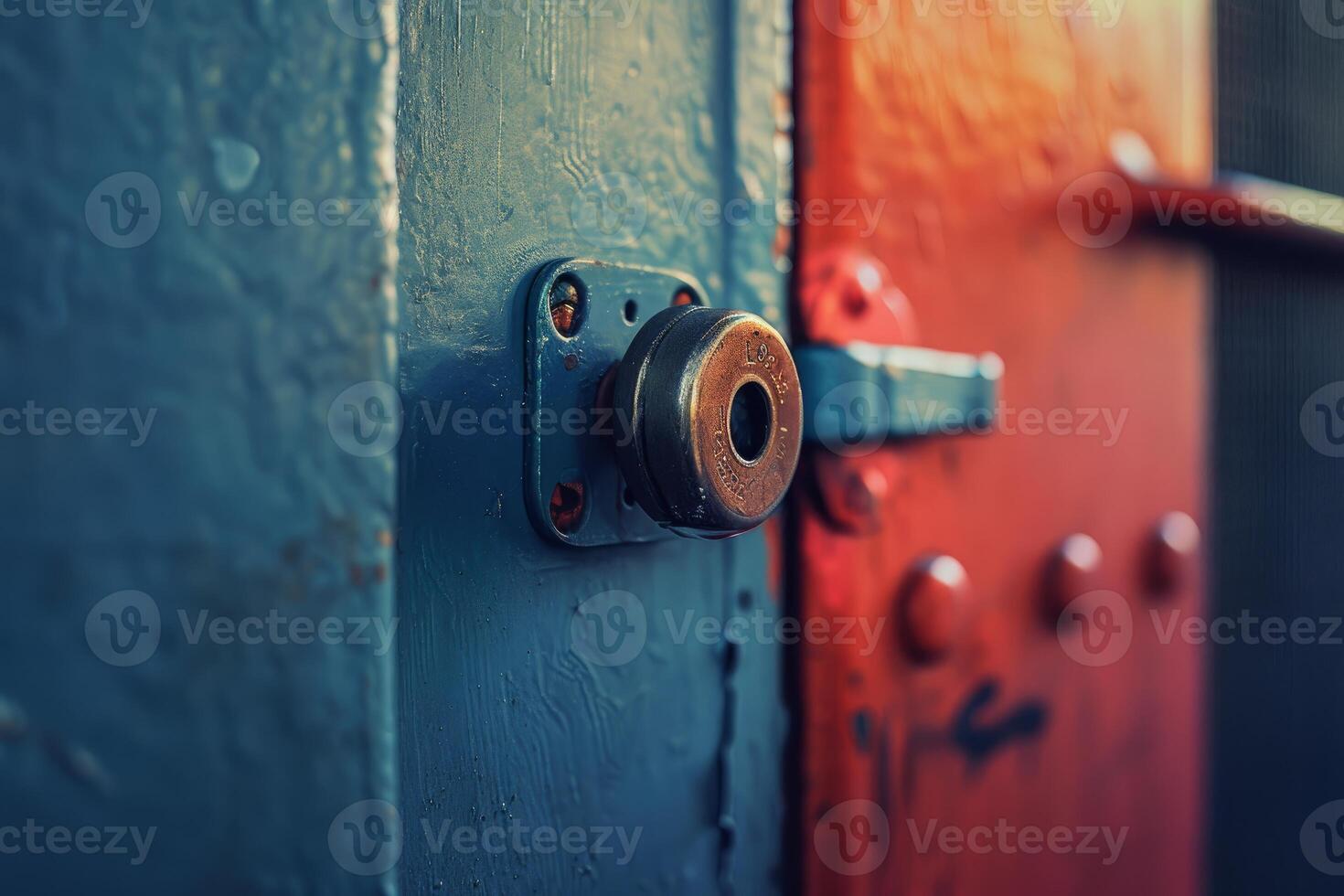 Old round lock securing a blue metal door photo