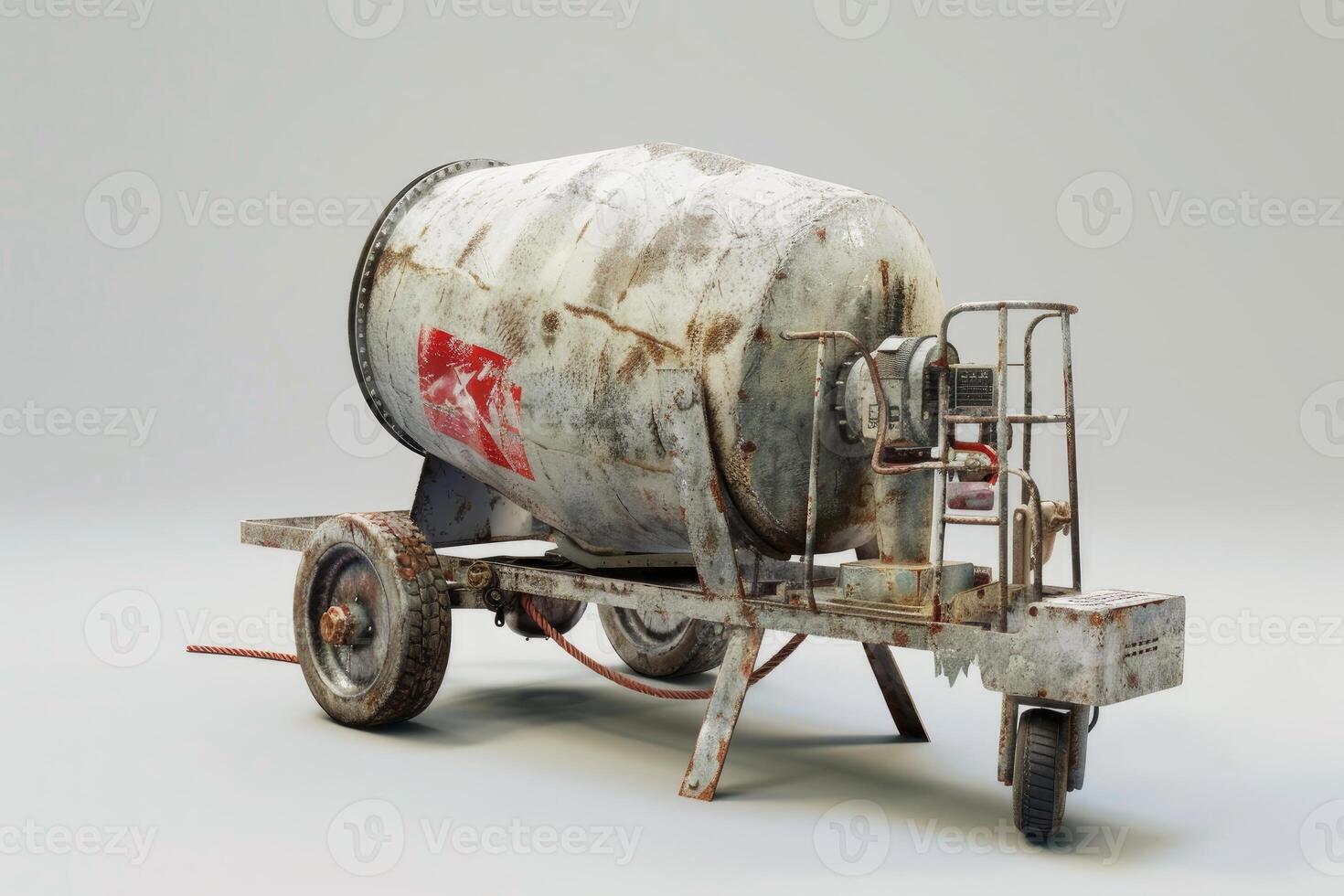 Old and rusty concrete mixer isolated on white background photo