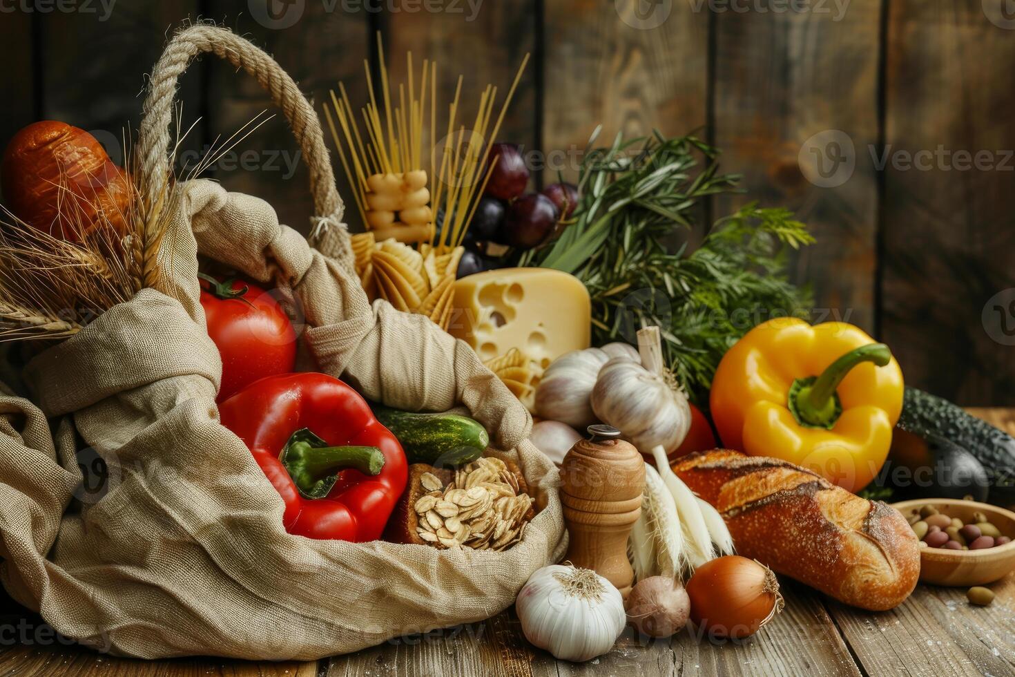 Reusable shopper bag overflowing with fresh vegetables, bread, and pasta on rustic wooden table photo
