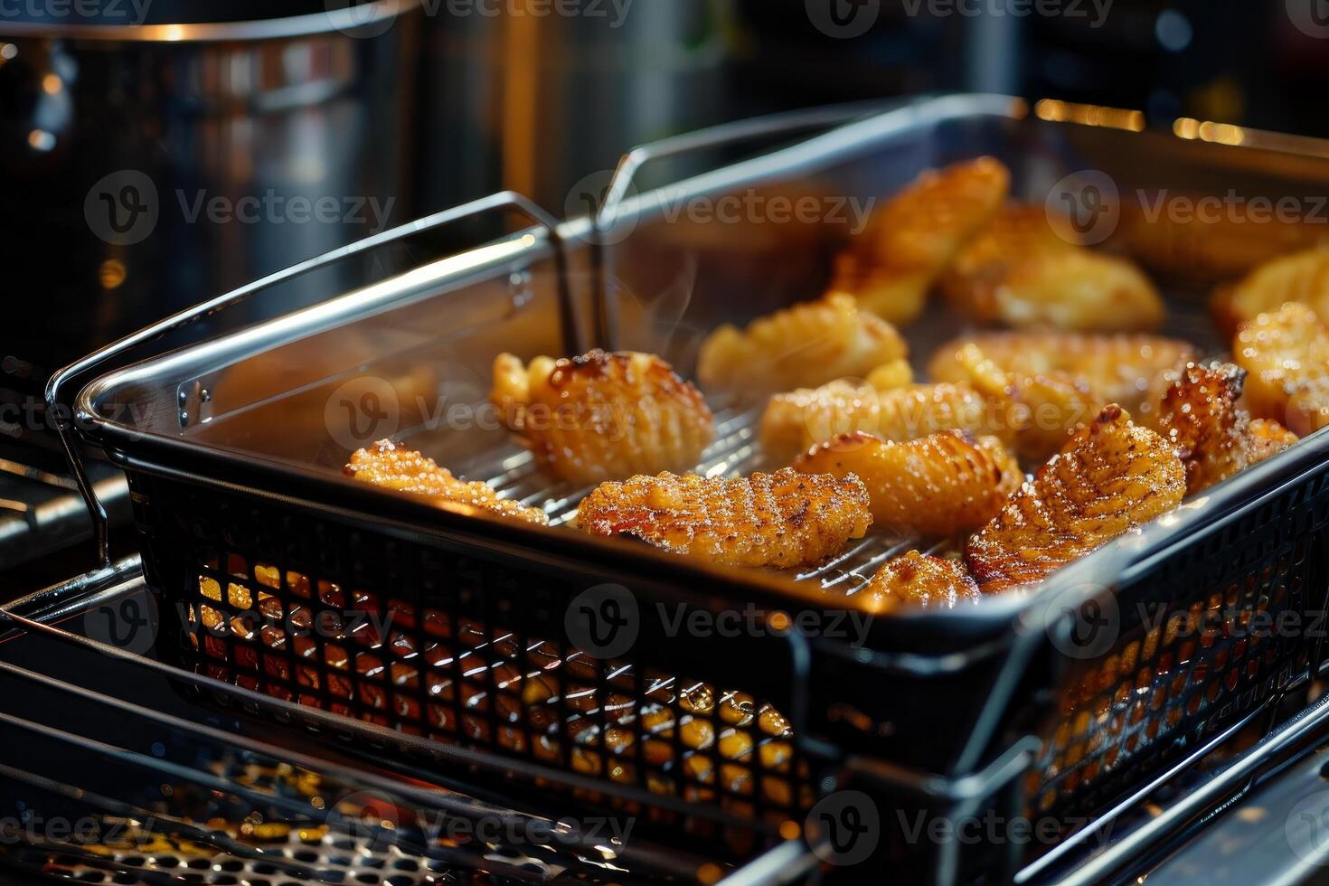 Crispy fried potatoes cooking in air fryer basket photo