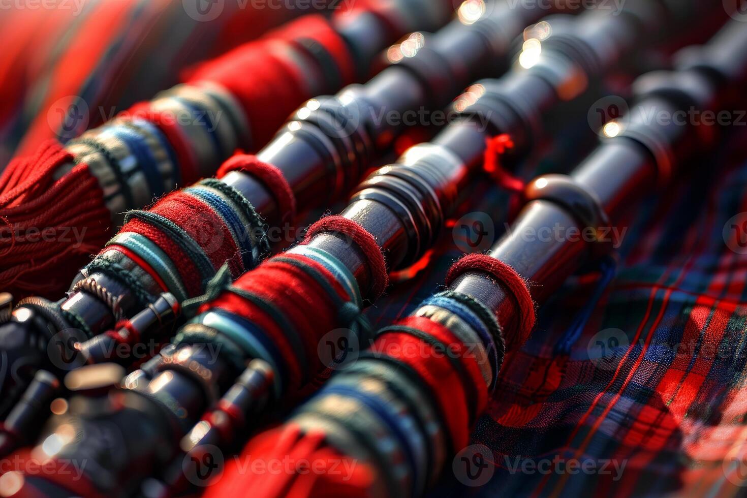 Traditional scottish bagpipes resting on tartan fabric photo