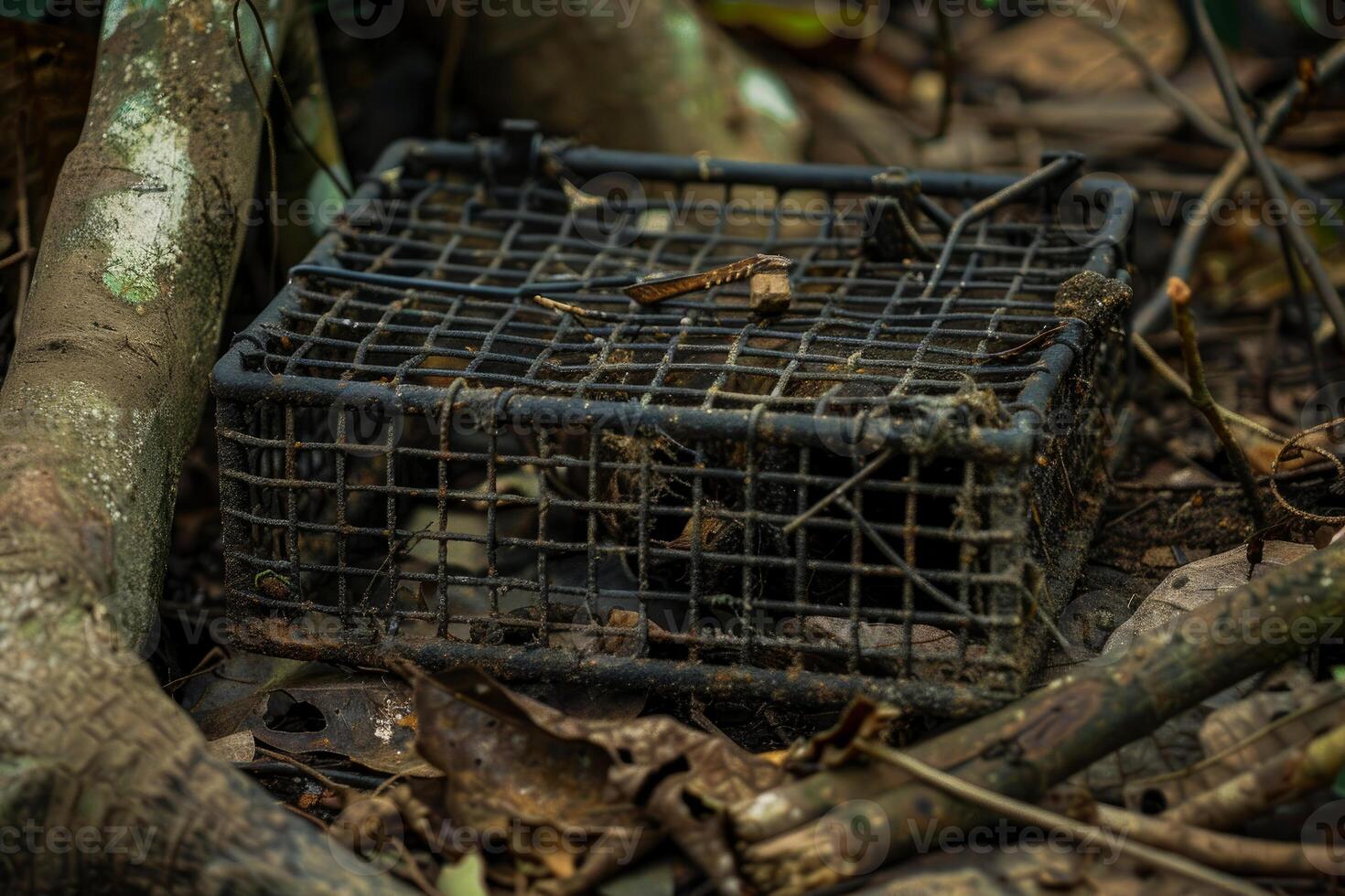 Rusty old animal trap laying on the forest floor photo