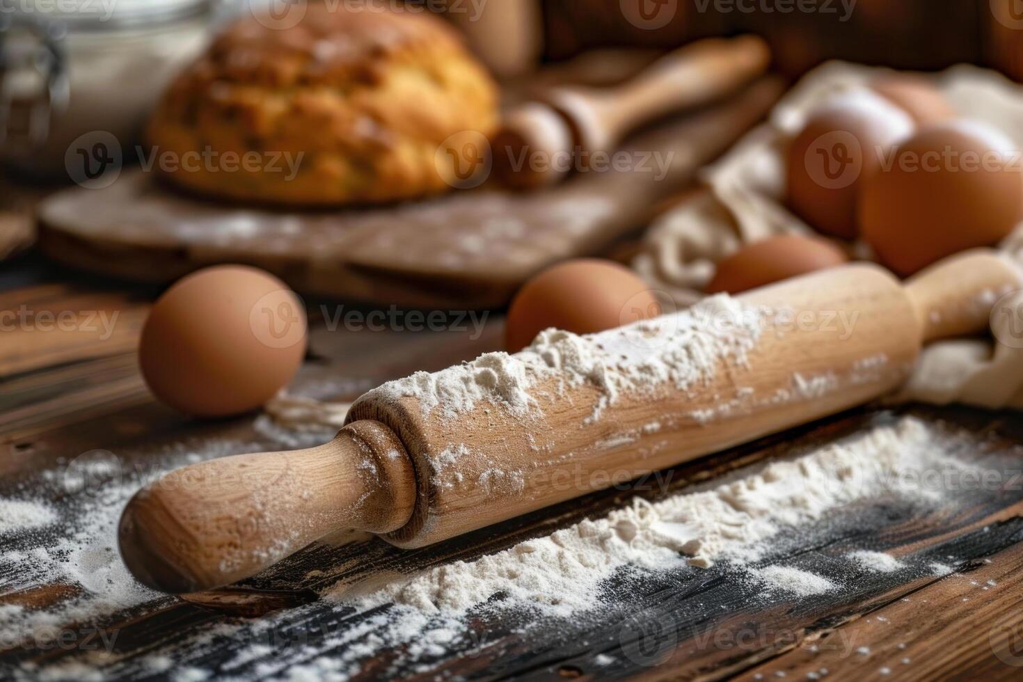 Wooden rolling pin covered in flour resting on rustic table with eggs and bread in background photo