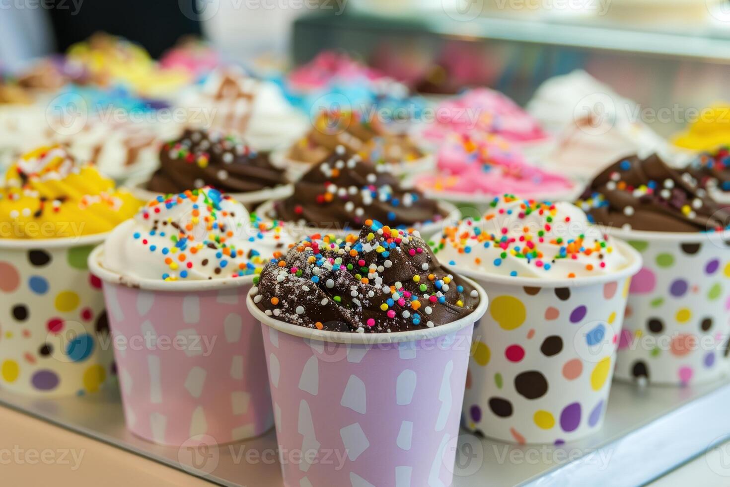 Colorful cupcakes covered in sprinkles resting on counter photo
