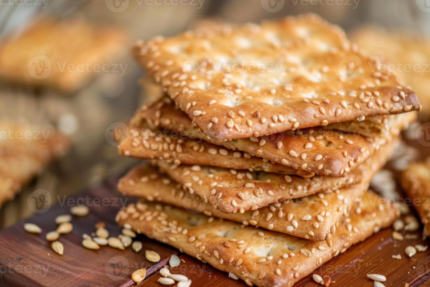 Stack of crunchy sesame crackers on wooden board photo