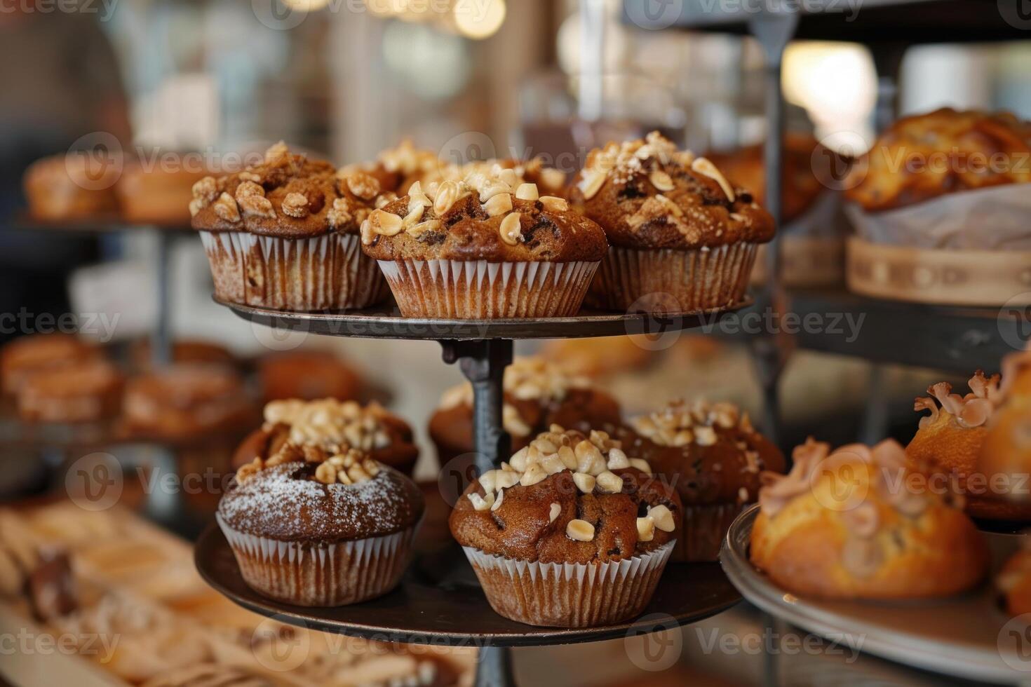 Delicious chocolate chip muffins topped with nuts are sitting on a metal tray photo