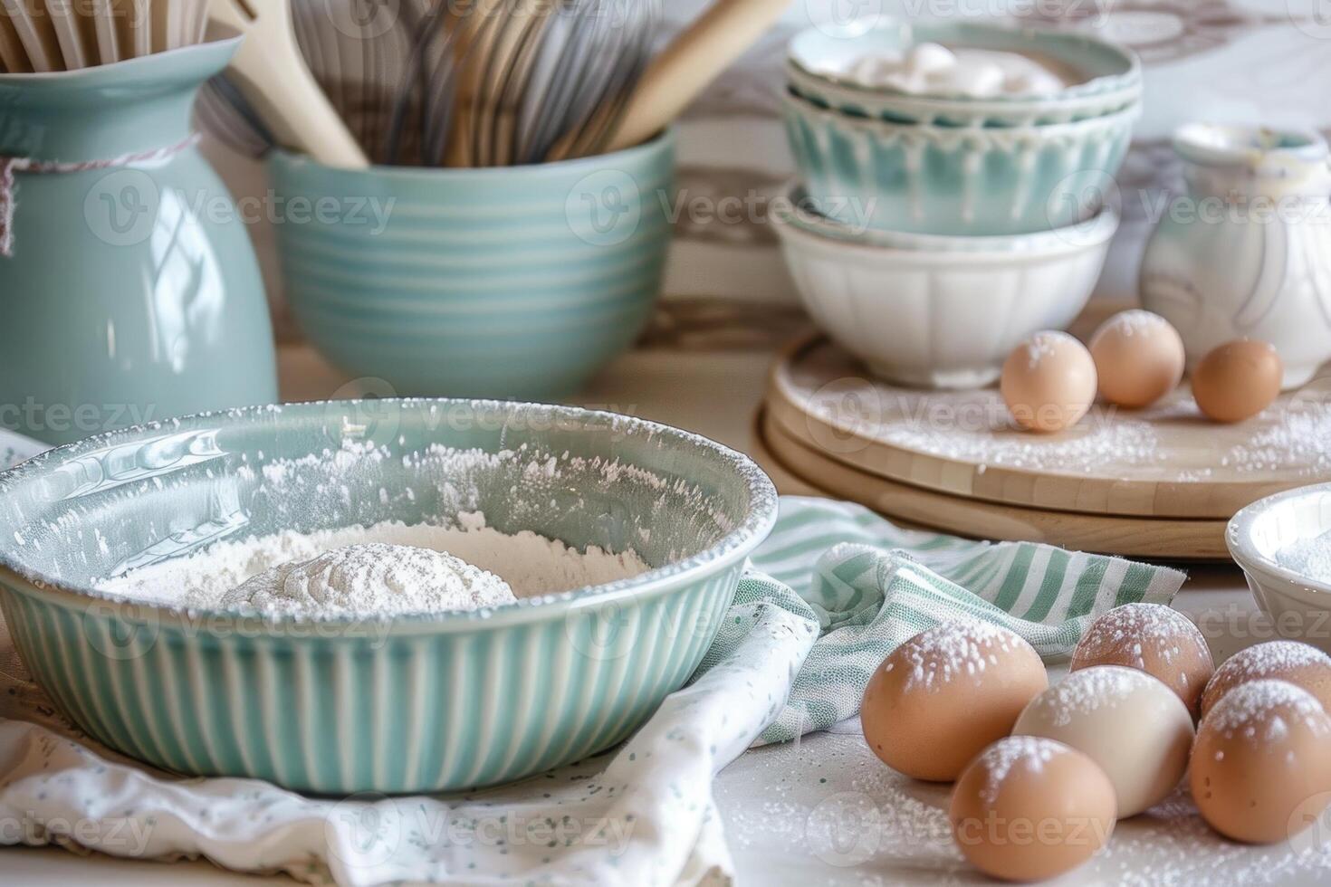 Bowl filled with flour is the star ingredient in country kitchen photo