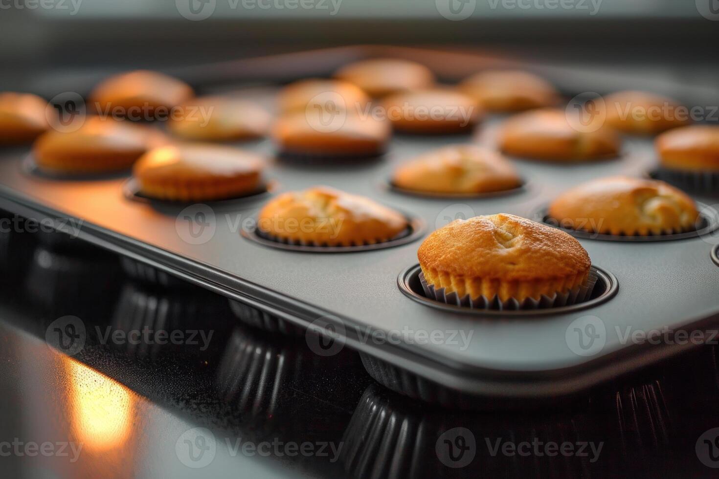 Freshly baked muffins cooling down in muffin tin on kitchen counter photo