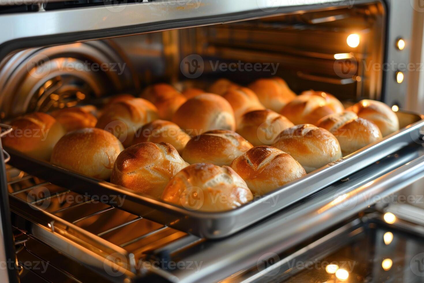 Baking tray full of bread rolls is baking in the oven photo