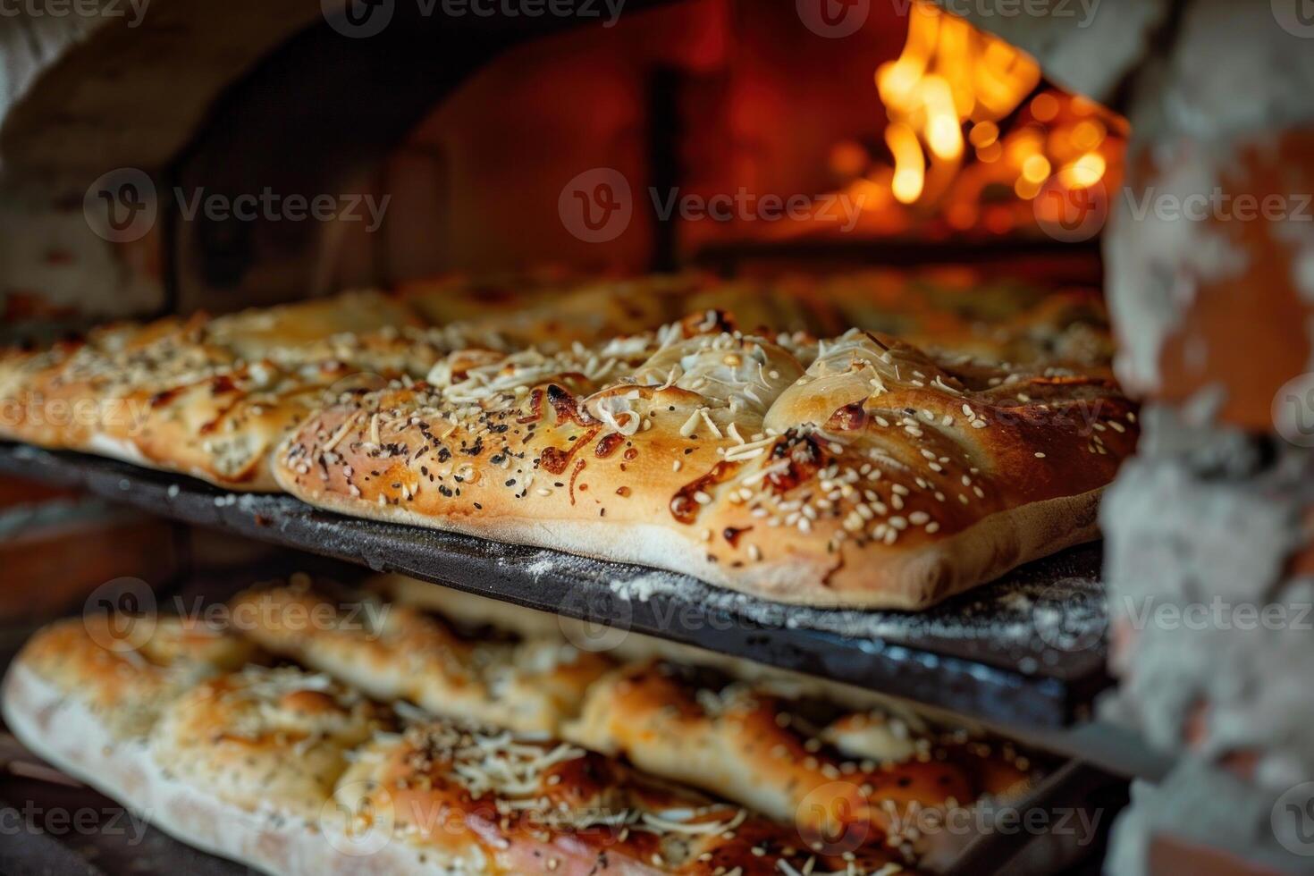 Freshly baked bread cooling down inside a wood fired oven photo