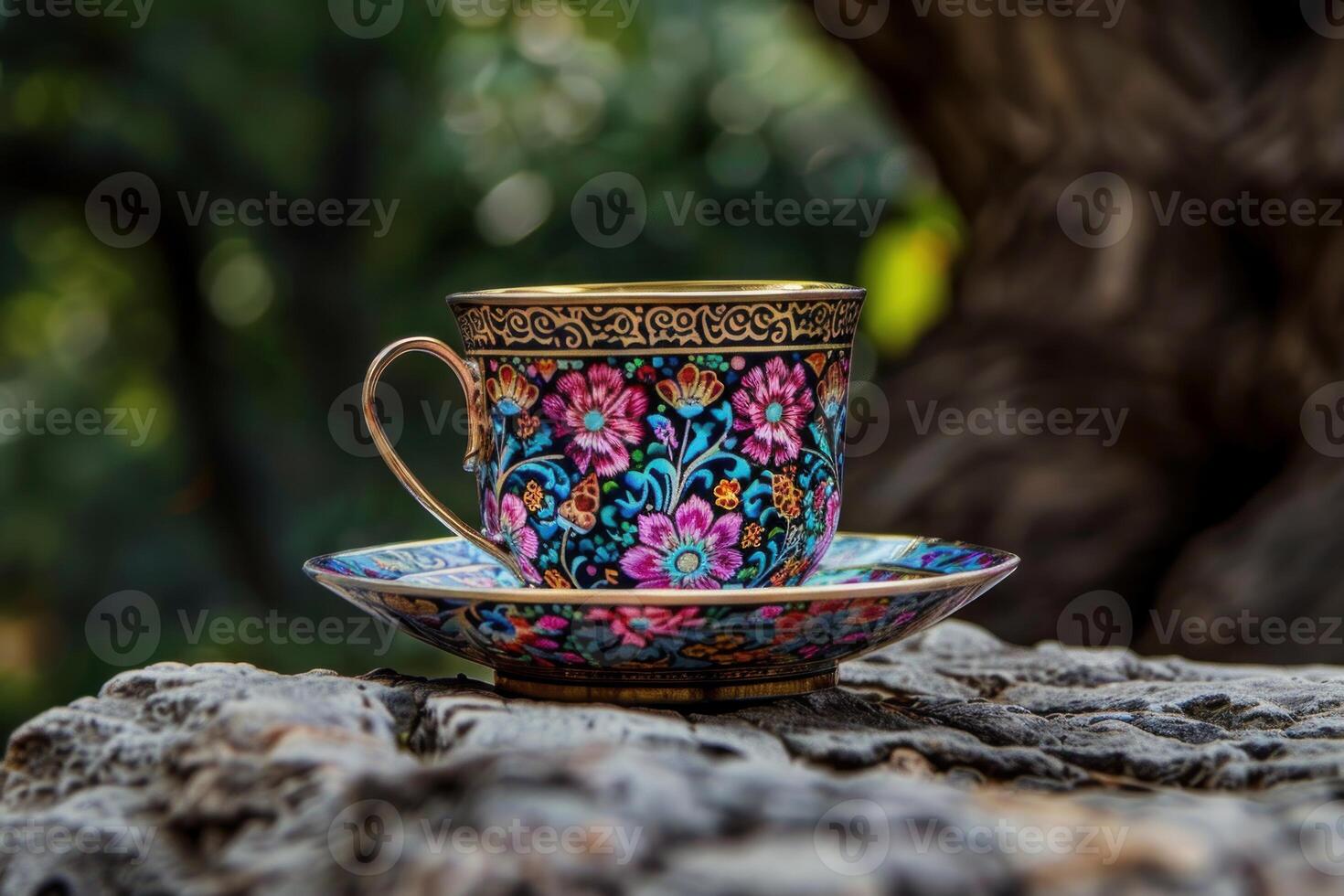 Benjarong porcelain coffee cup resting on a tree trunk photo
