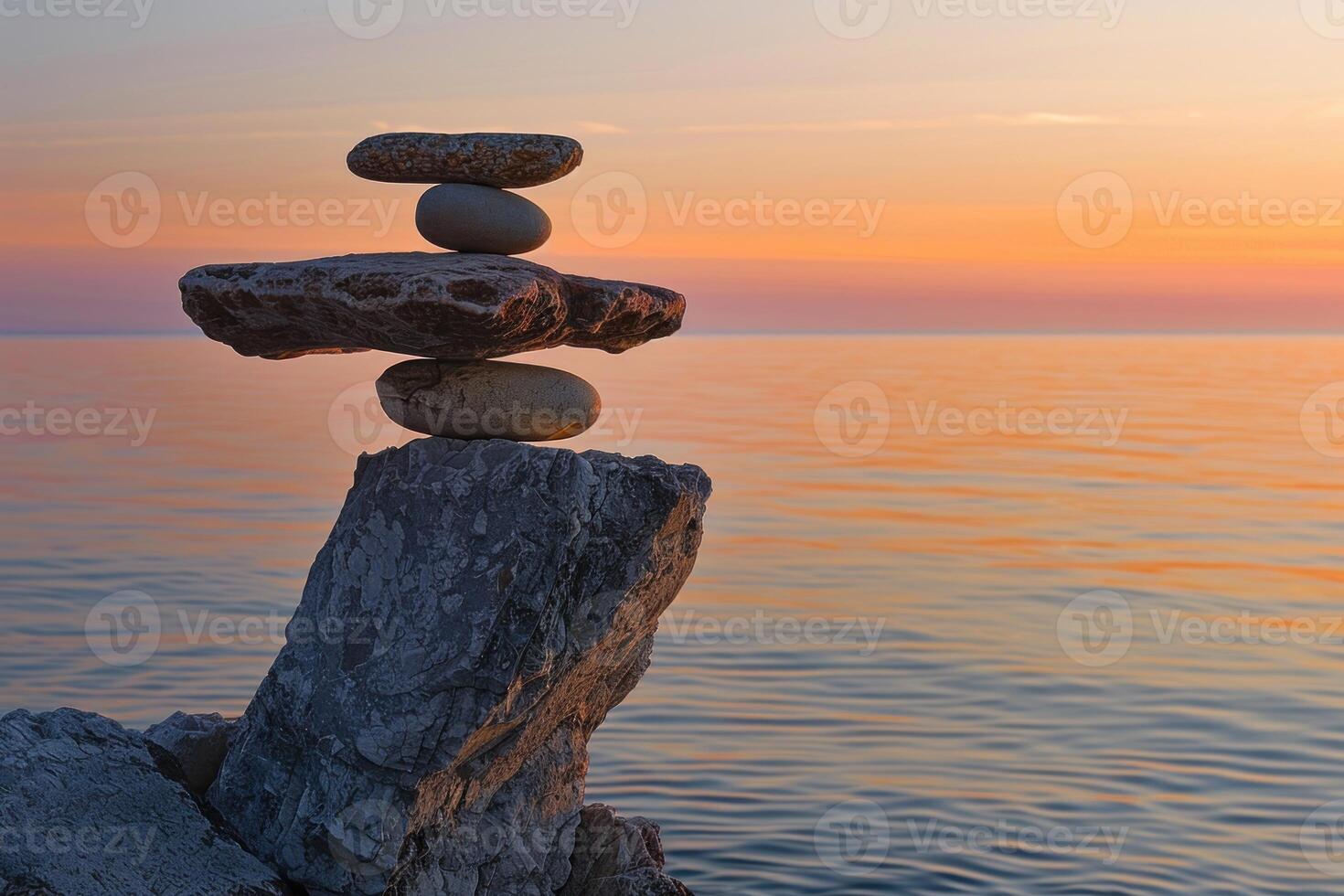 Stack of zen stones balancing on rock at sunset on beach photo