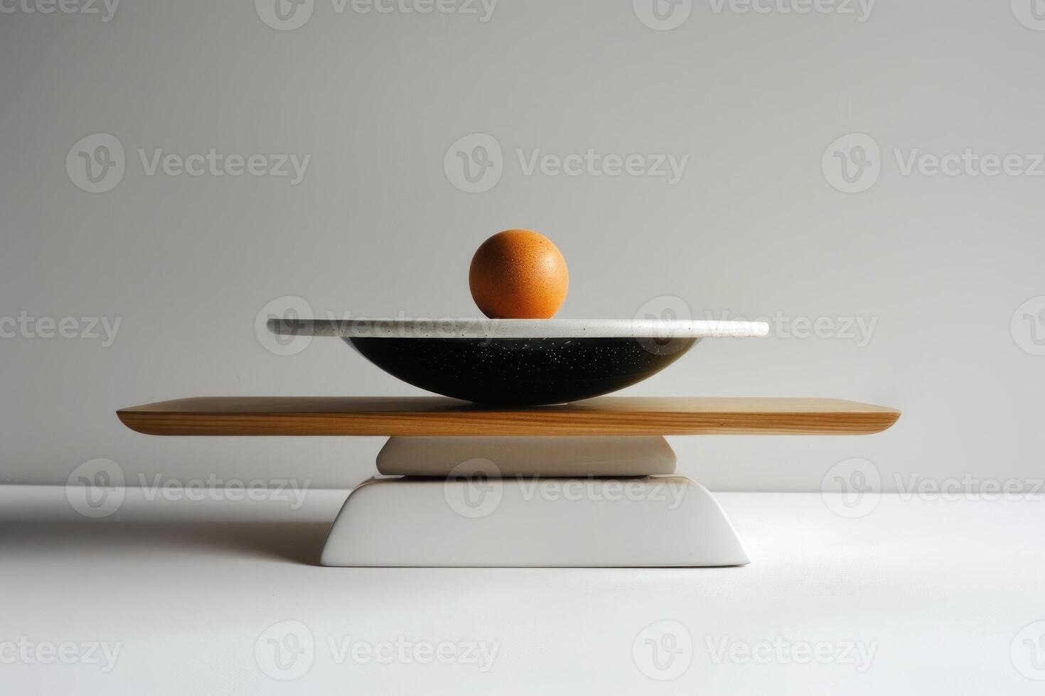 Orange sphere balancing on a plate on a wooden plank on two ceramic blocks photo