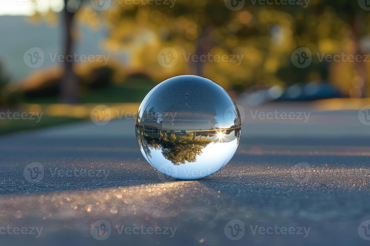 Crystal ball sitting on asphalt reflecting sunset over street photo