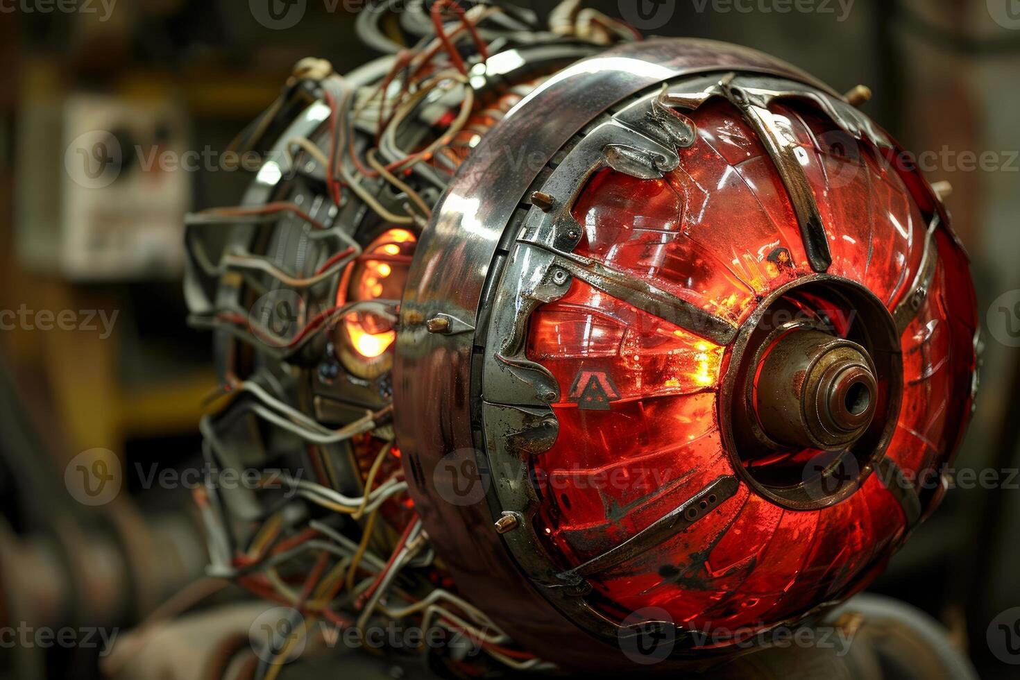 Steampunk style device glowing red in workshop photo